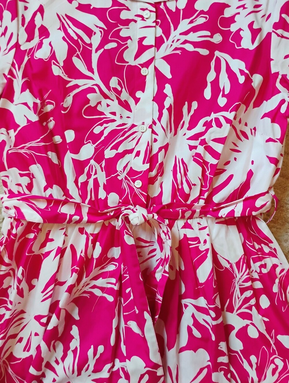 NWT 4 DKNY Fuchsia And White Abstract Floral Short Sleeve Midi Shirt Dress NEW - Picture 7 of 12